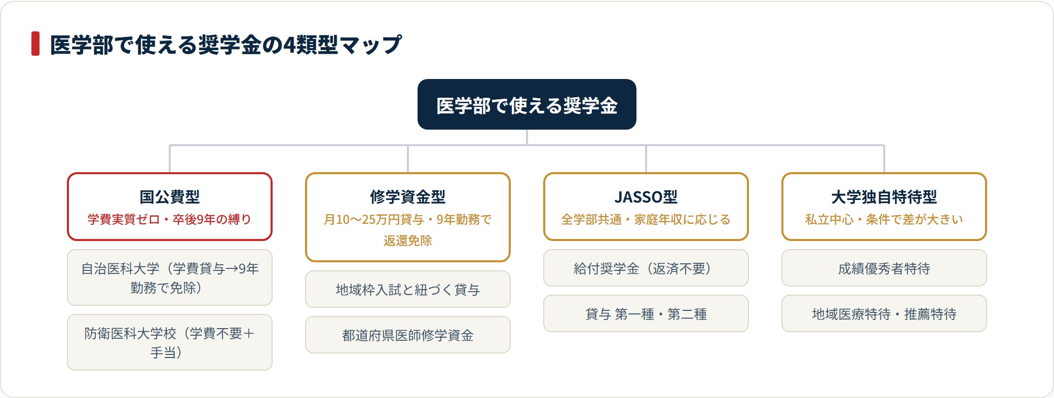 医学部で使える奨学金を国公費型・修学資金型・JASSO型・大学独自特待型の4類型に分類したツリー図。