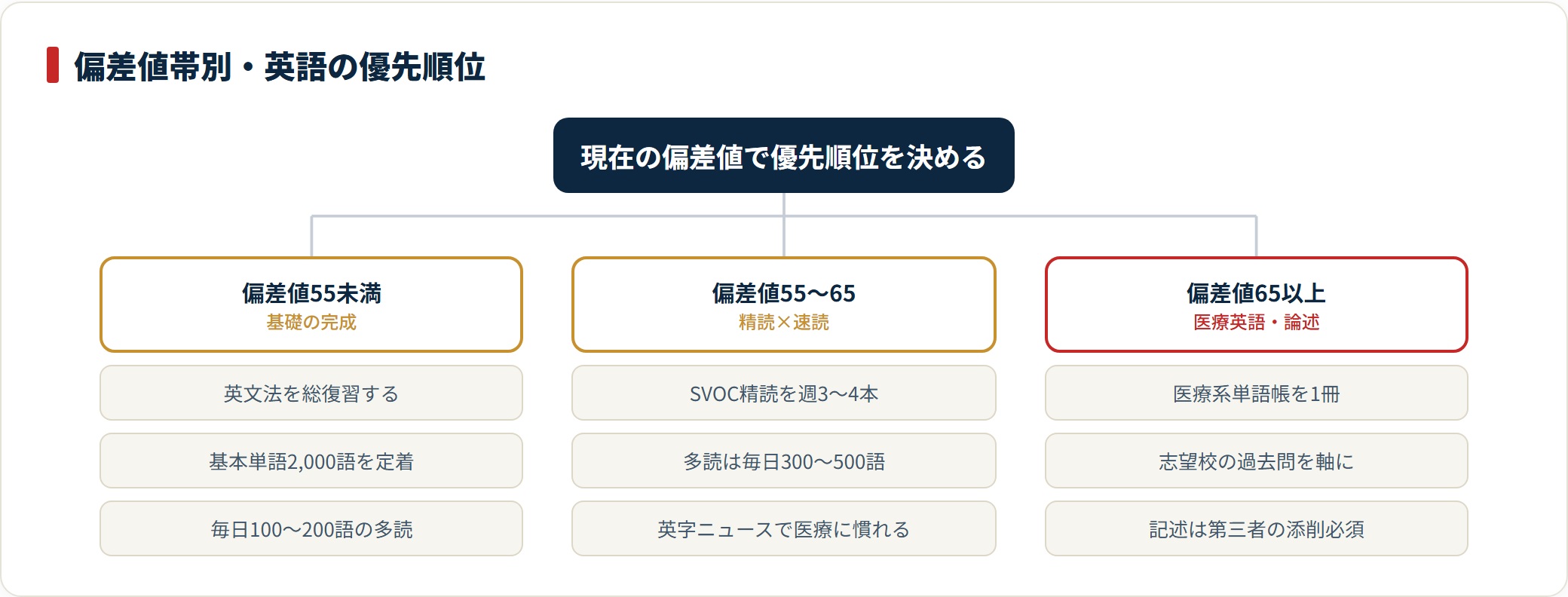 医学部英語の学習内容を偏差値55未満・55〜65・65以上の3段階に分けて整理した図。